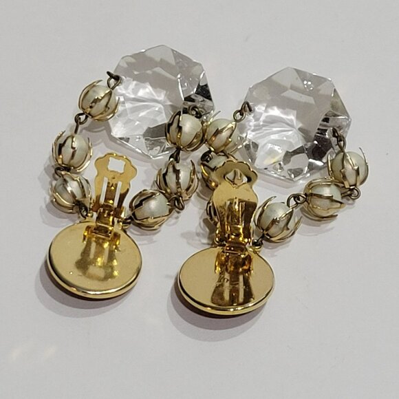Vintage Clip-On Chandelier Earrings Red Gem Faux Pearl Accents & Crystal Drops - Picture 14 of 16
